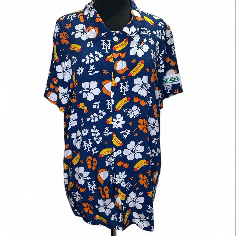New York Mets Nathan’s Hotdog Blue Floral Print Shirt